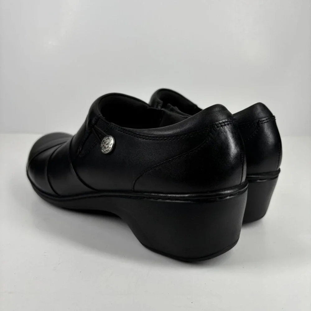 Clarks Channing Ann Women's US 11W Black Leather Comfort‎ Slip-On Wedge Loafers